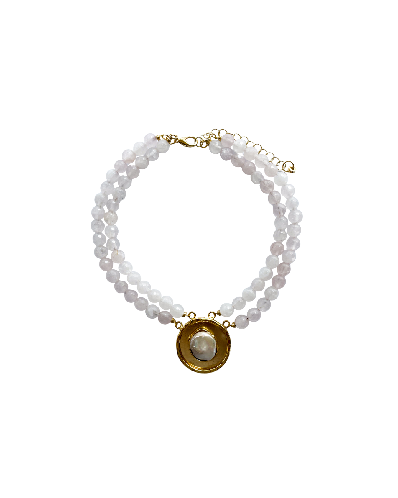 COLLAR DIJE PERLA Y PIEDRAS CUARZO ROSA