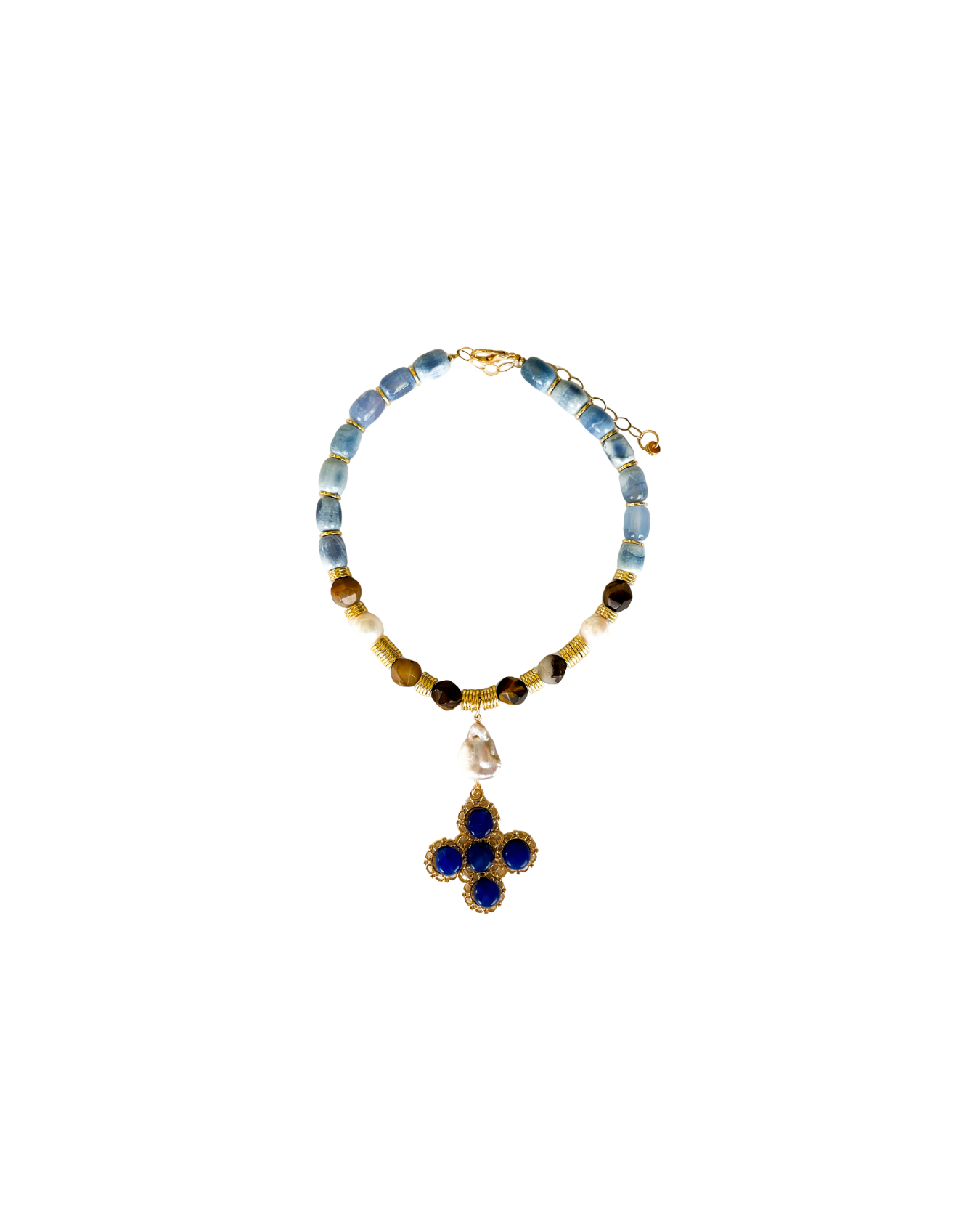 COLLAR CORTO CON PIEDRAS Y DIJE DE CRUZ