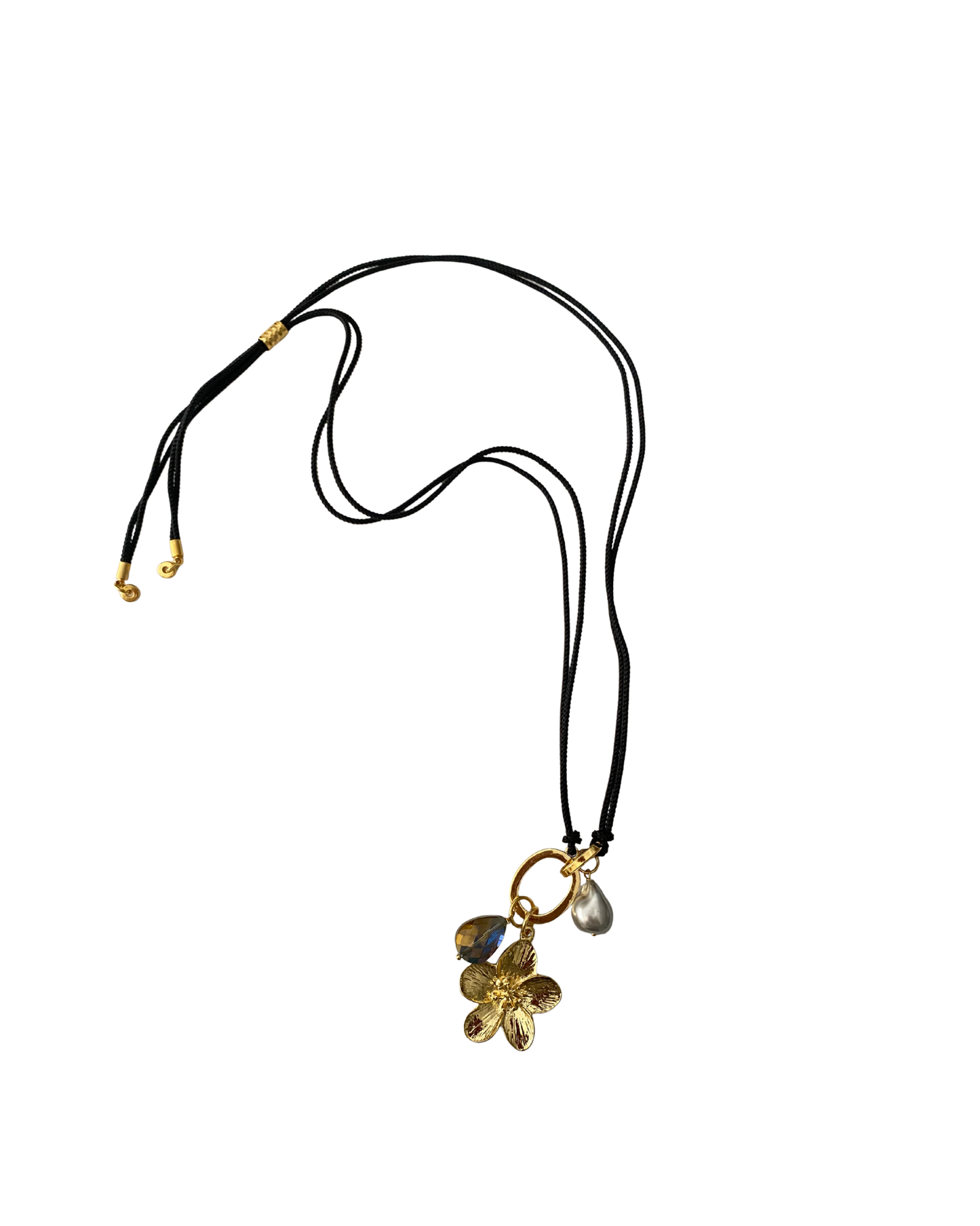 COLLAR LARGO CORDÓN, DIJE FLOR Y PERLA
