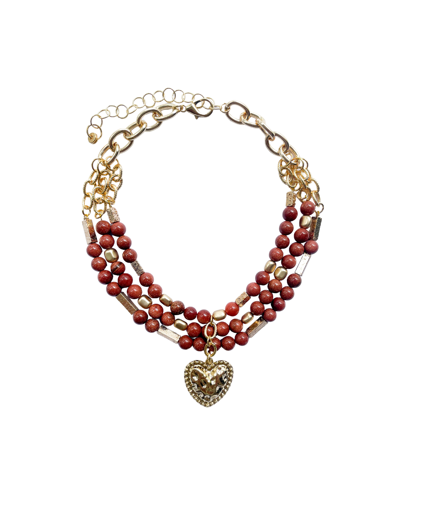 COLLAR CORTO CON VARIOS HILOS DE PIEDRAS Y DIJE DE CORAZÓN