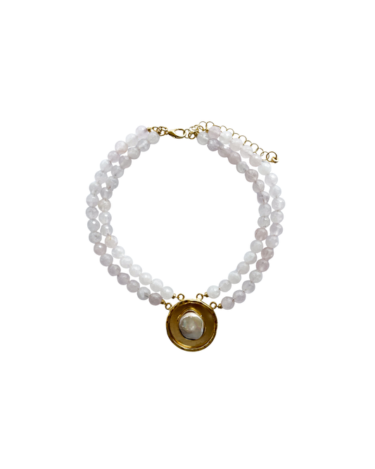 COLLAR DIJE PERLA Y PIEDRAS CUARZO ROSA