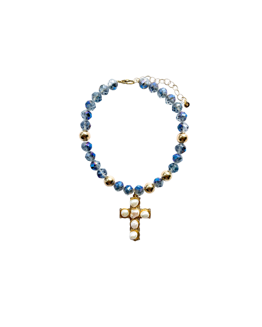 COLLAR CORTO CON CRISTAL Y CRUZ CON PERLAS