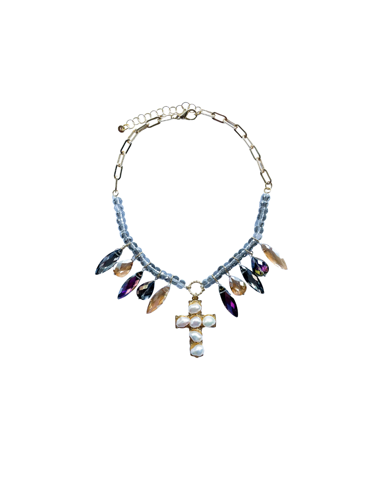 COLLAR CORTO CON CRISTALES VARIOS Y DIJE CRUZ DE PERLA