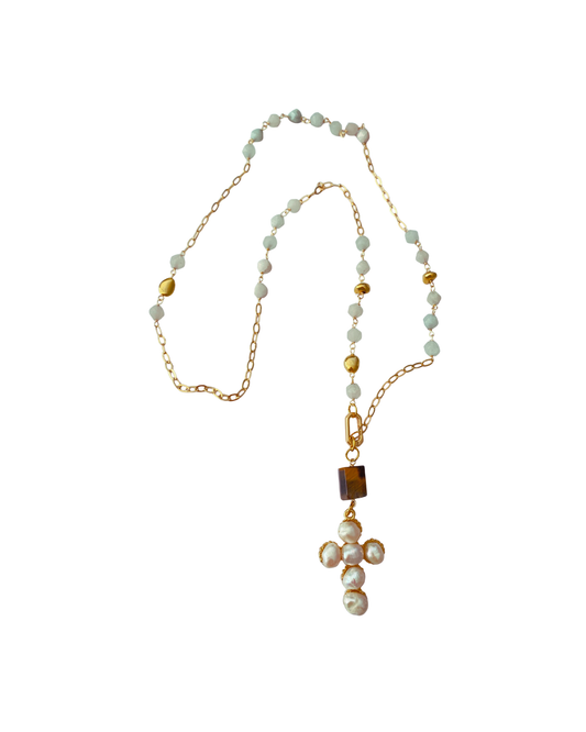 COLLAR LARGO, CUARZO Y CRUZ CON PERLA