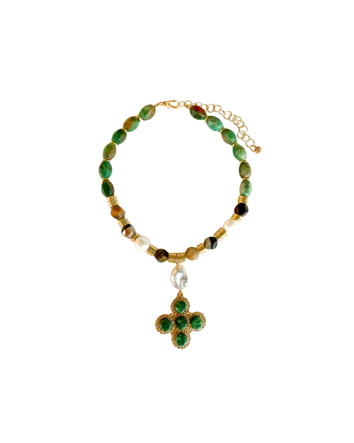 COLLAR CORTO CON PIEDRAS Y DIJE DE CRUZ