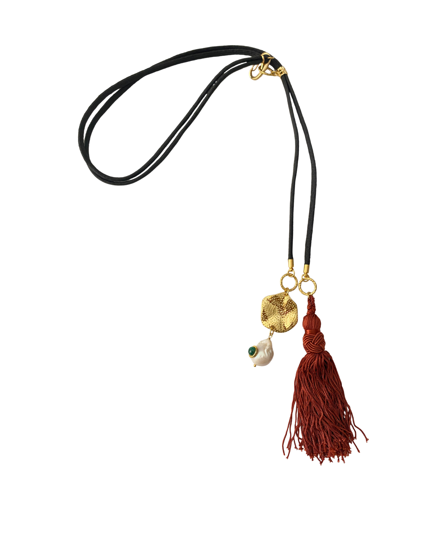 COLLAR LARGO CORDON, POMPON, DIJE Y PERLA